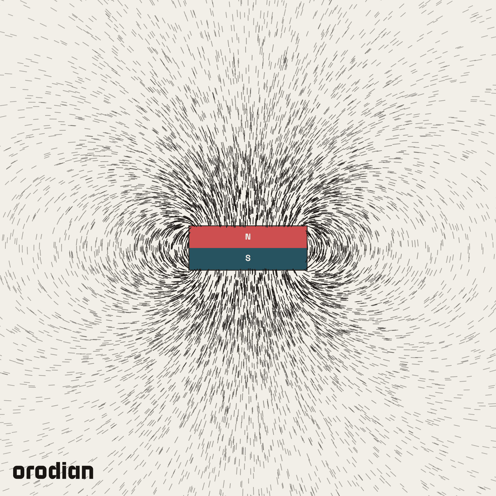 Magnetic field visualized with an
iron-filings pattern — neodymium block magnet 8×4×3 mm, grade N38
(simulation)