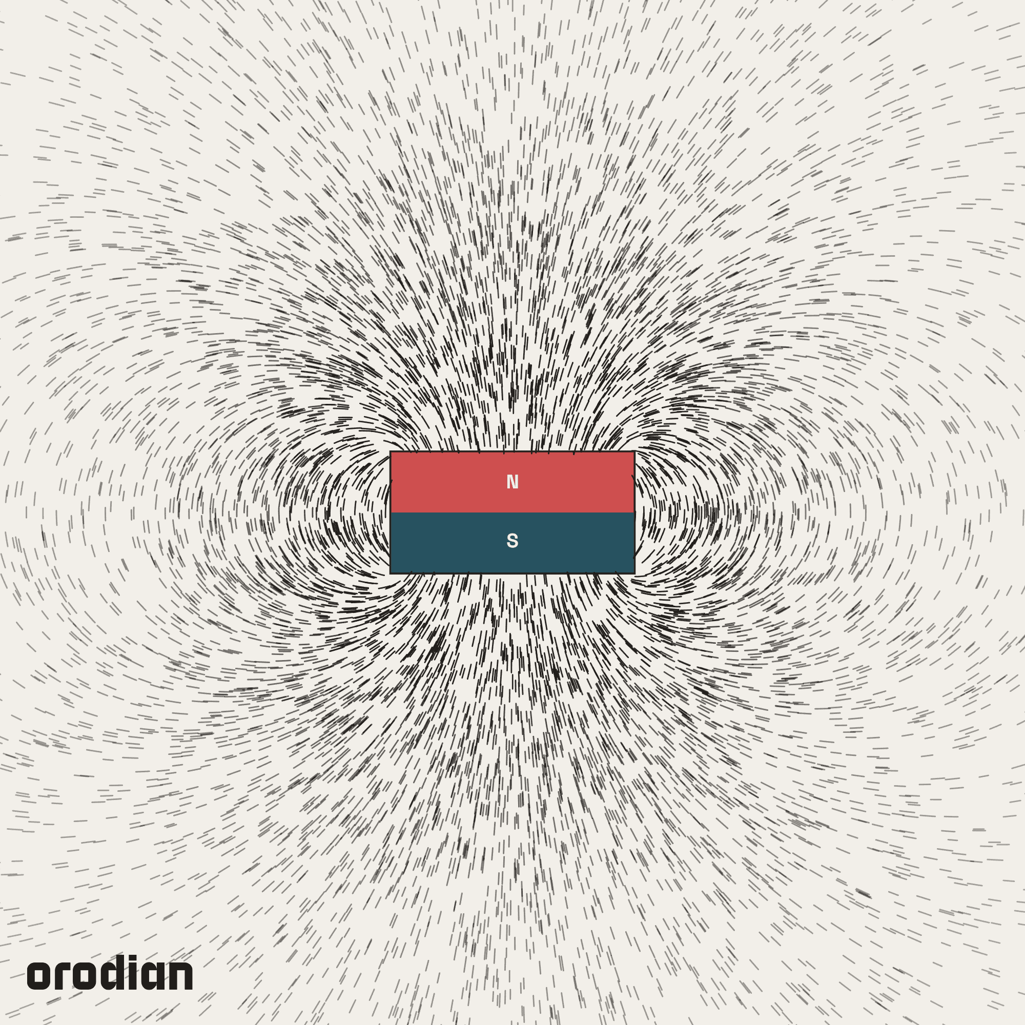 Magnetic field visualized with an
iron-filings pattern — neodymium block magnet 8×8×4 mm, grade N38
(simulation)