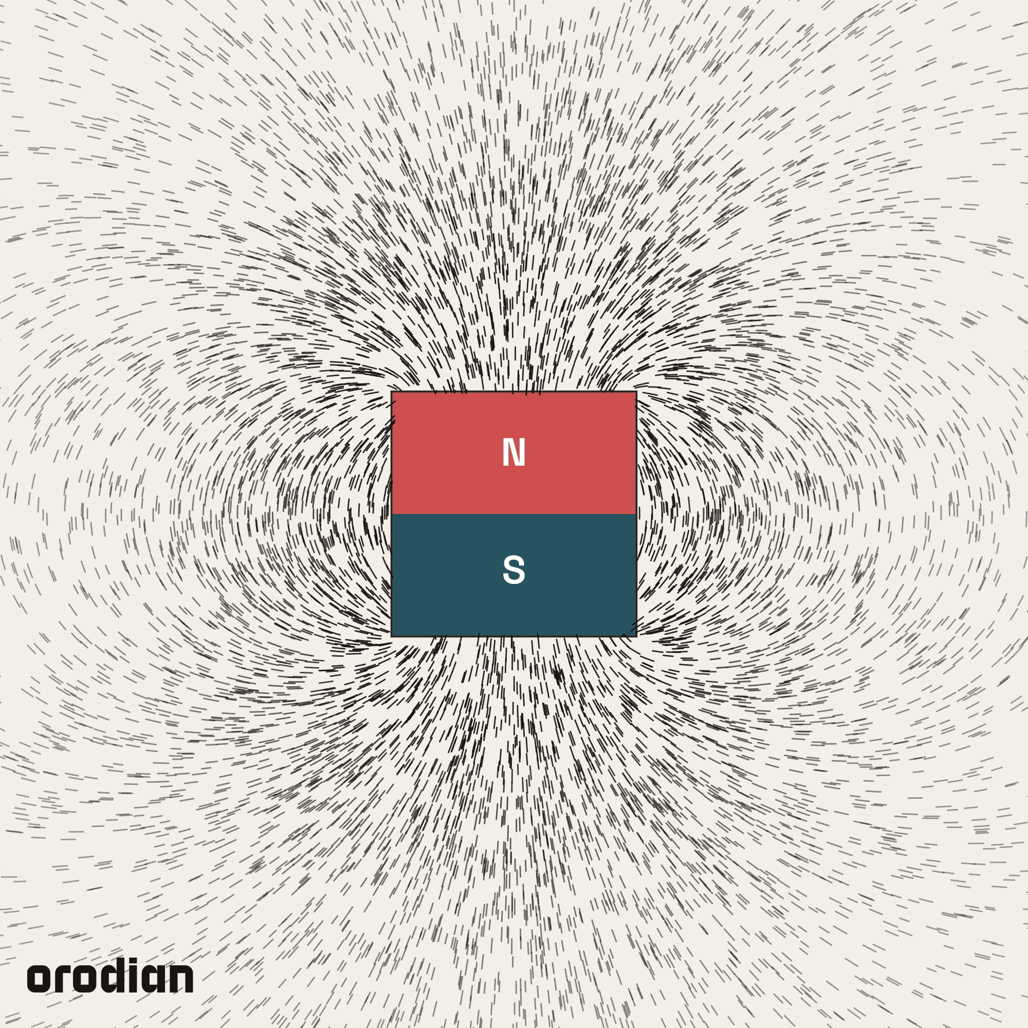Magnetic field visualized with an
iron-filings pattern — neodymium disc magnet ⌀10×10 mm, grade N38
(simulation)