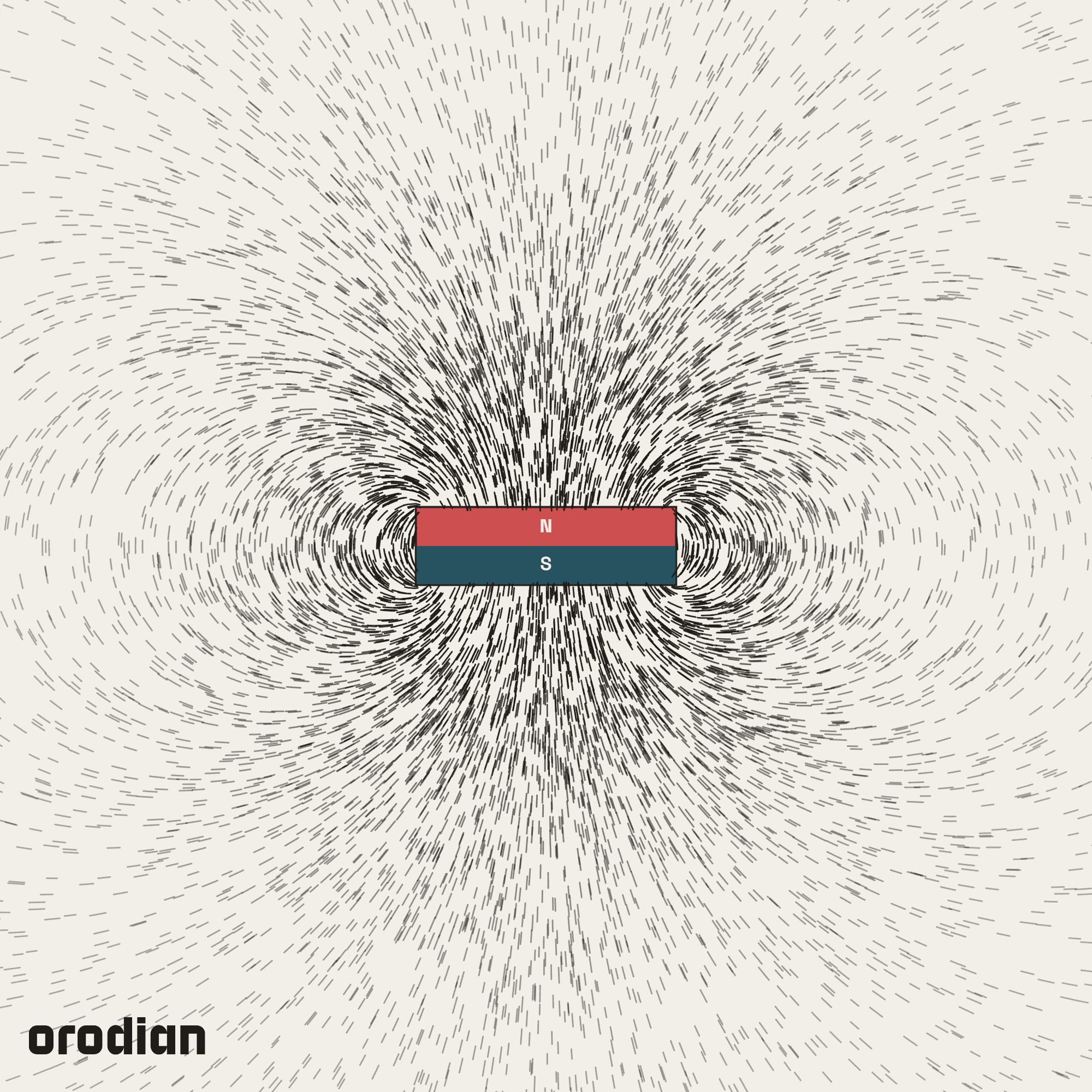 Magnetic field visualized with an
iron-filings pattern — neodymium disc magnet ⌀10×3 mm, grade N38 (simulation)