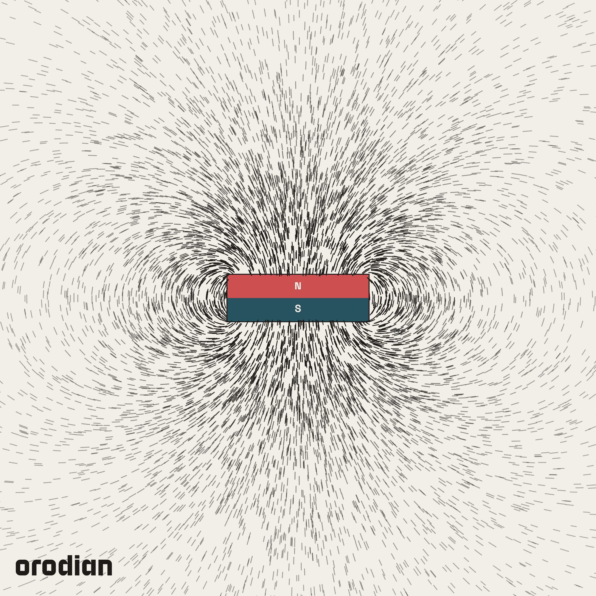 Magnetic field visualized with an
iron-filings pattern — neodymium disc magnet ⌀12×4 mm, grade N38 (simulation)