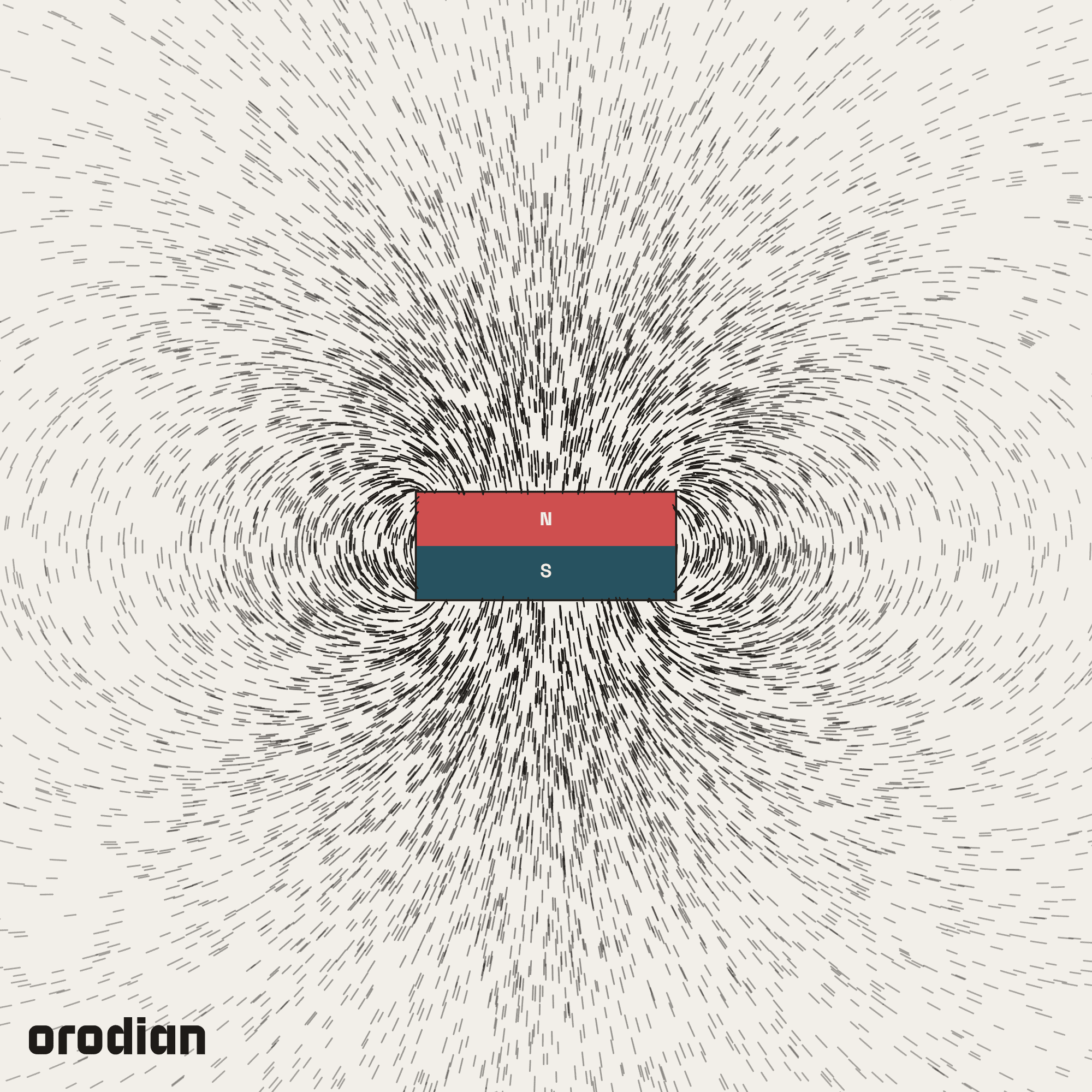 Magnetic field visualized with an
iron-filings pattern — neodymium disc magnet ⌀12×5 mm, grade N38 (simulation)