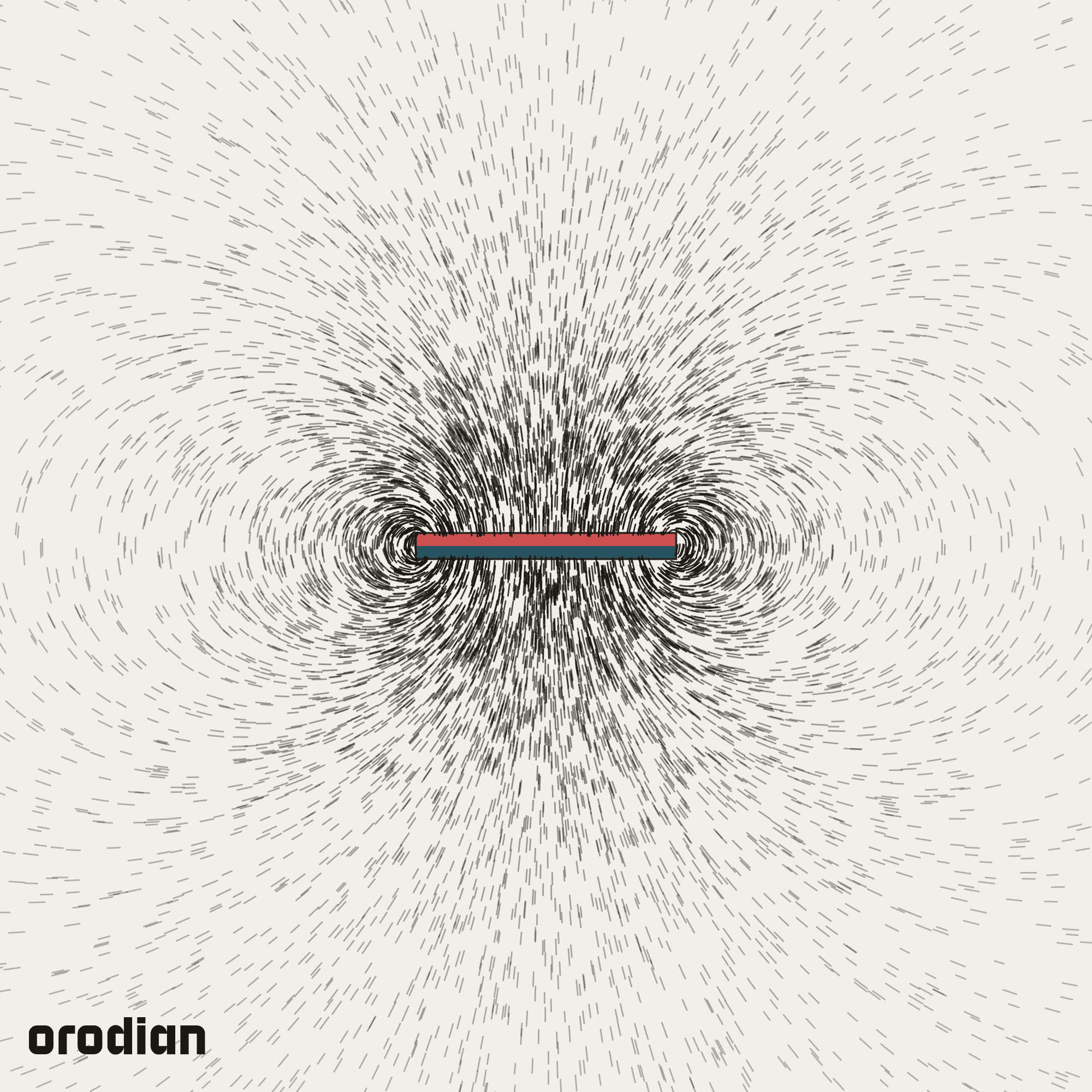 Magnetic field visualized with an
iron-filings pattern — neodymium disc magnet ⌀15×1.5 mm, grade N38
(simulation)