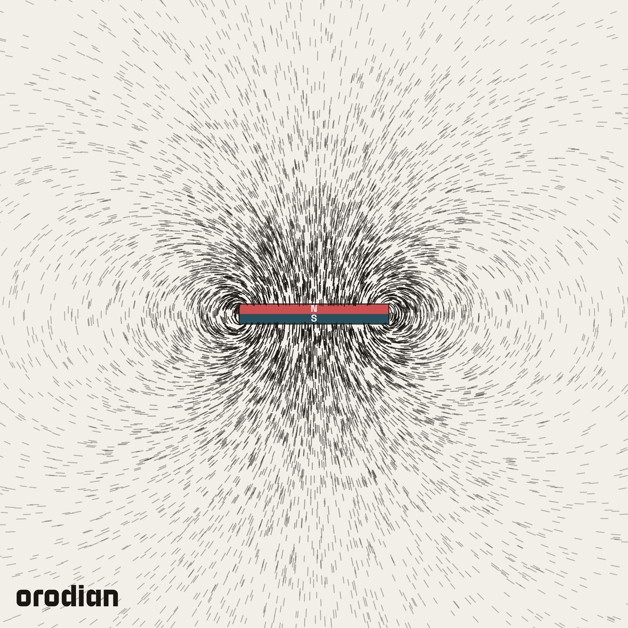 Magnetic field visualized with an
iron-filings pattern — neodymium disc magnet ⌀15×2 mm, grade N38 (simulation)