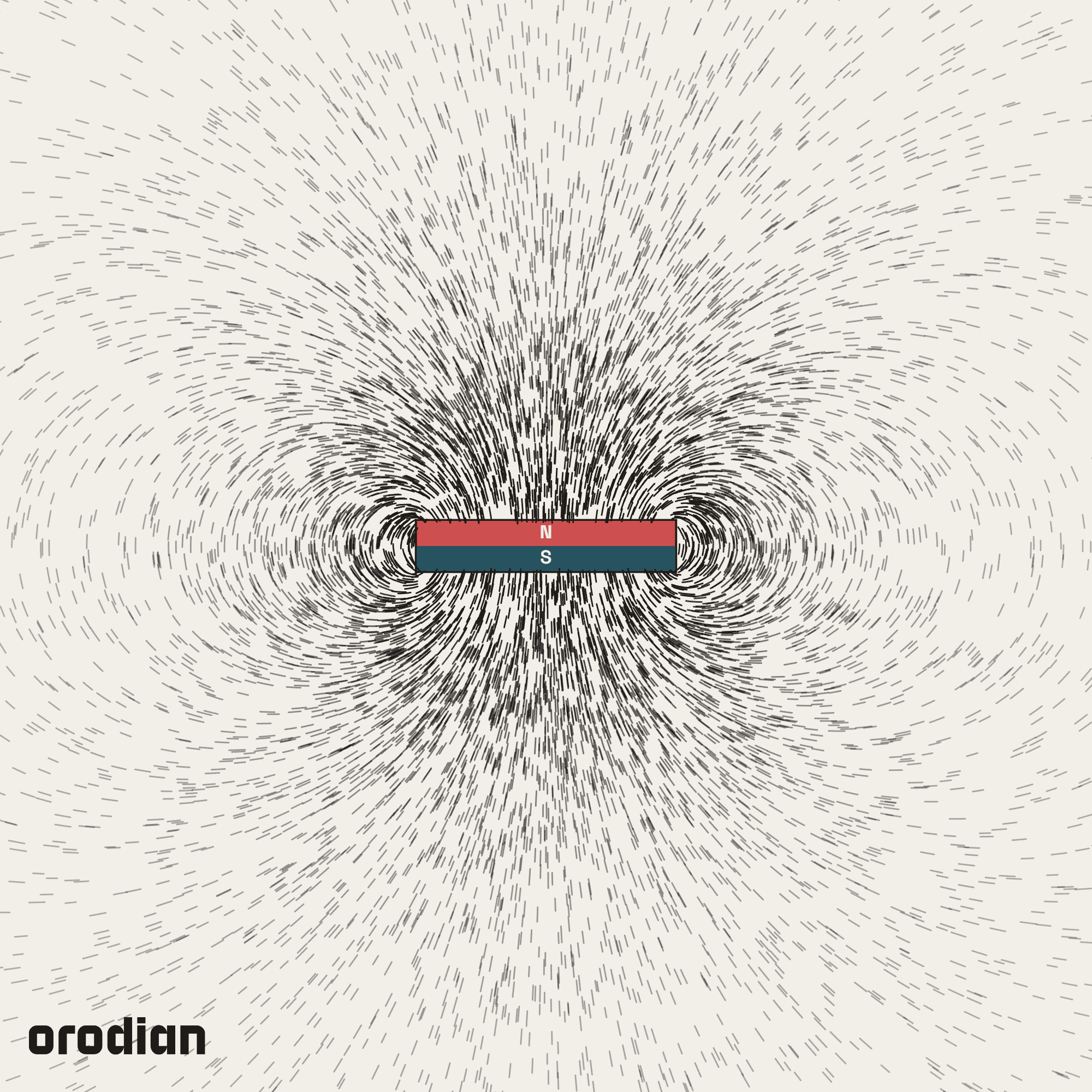 Magnetic field visualized with an
iron-filings pattern — neodymium disc magnet ⌀15×3 mm, grade N38 (simulation)
