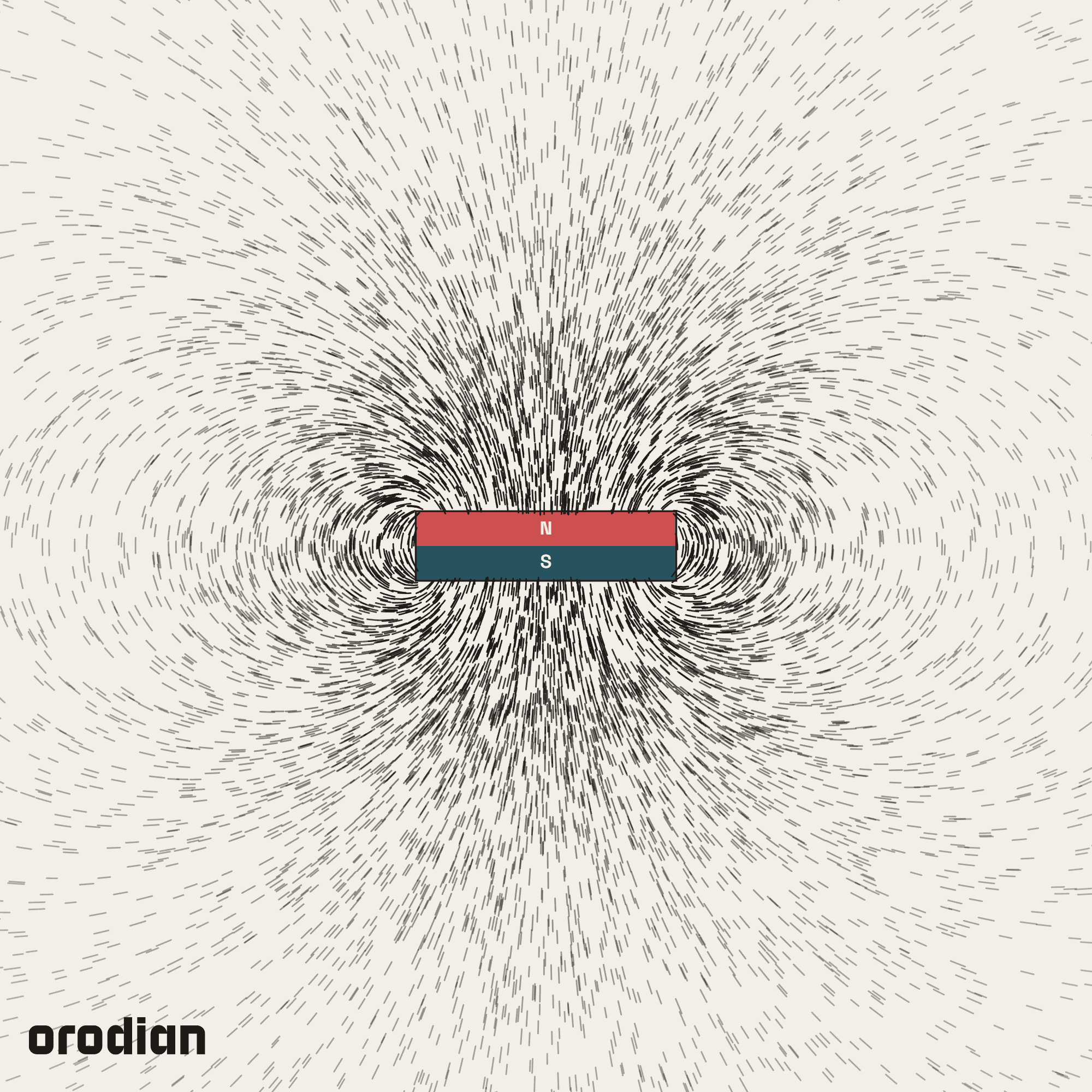 Magnetic field visualized with an
iron-filings pattern — neodymium disc magnet ⌀15×4 mm, grade N38 (simulation)