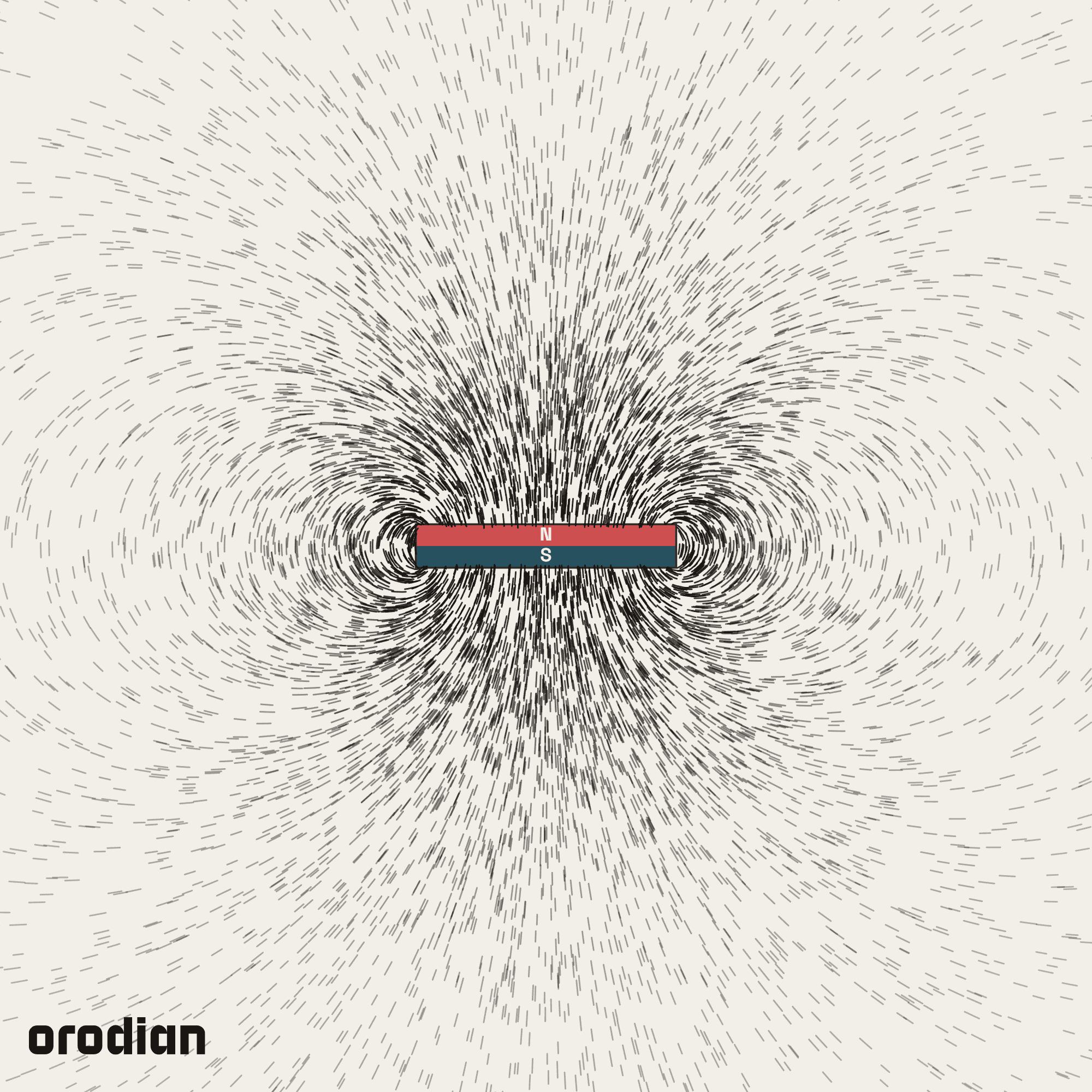 Magnetic field visualized with an
iron-filings pattern — neodymium disc magnet ⌀18×3 mm, grade N38 (simulation)