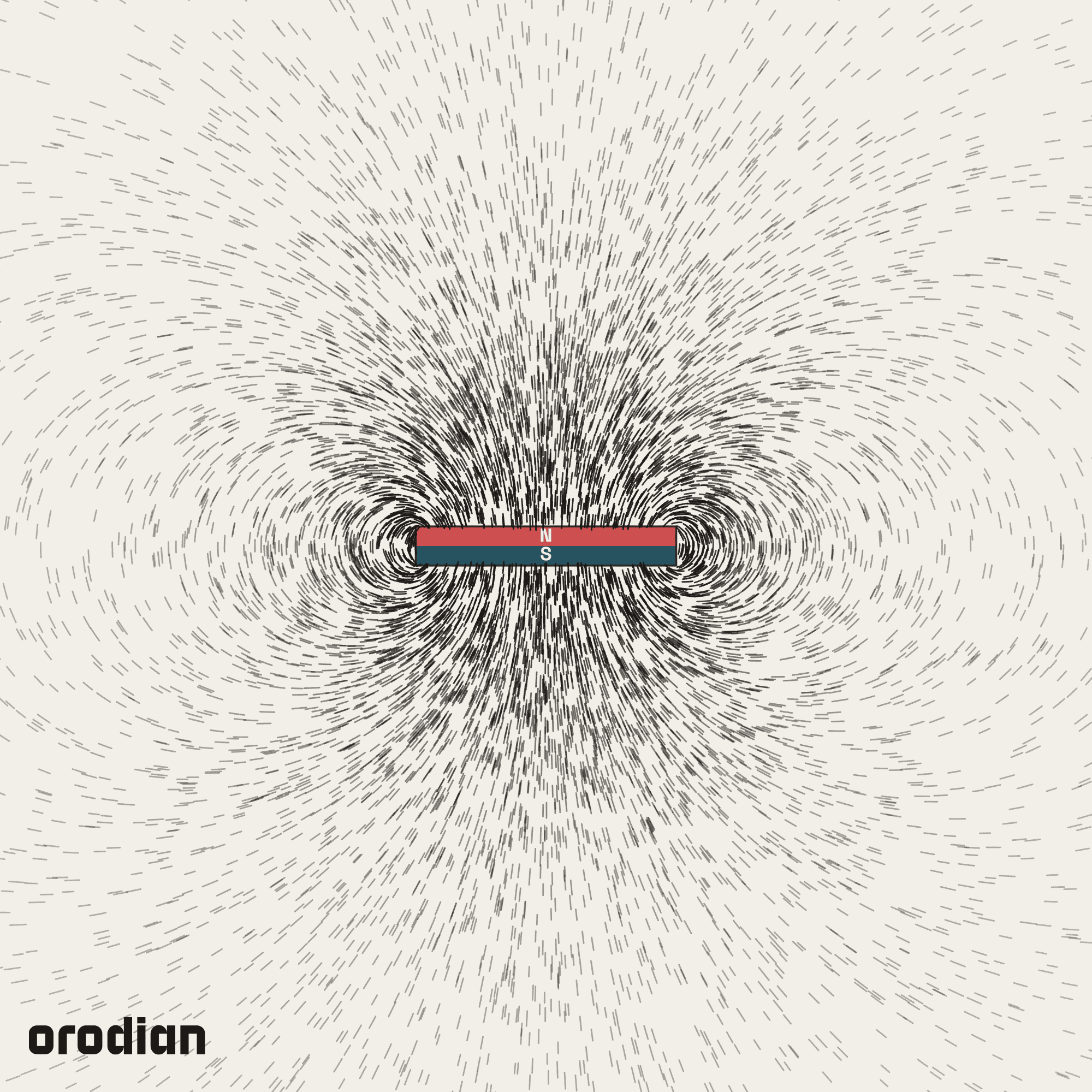Magnetic field visualized with an
iron-filings pattern — neodymium disc magnet ⌀20×3 mm, grade N38 (simulation)