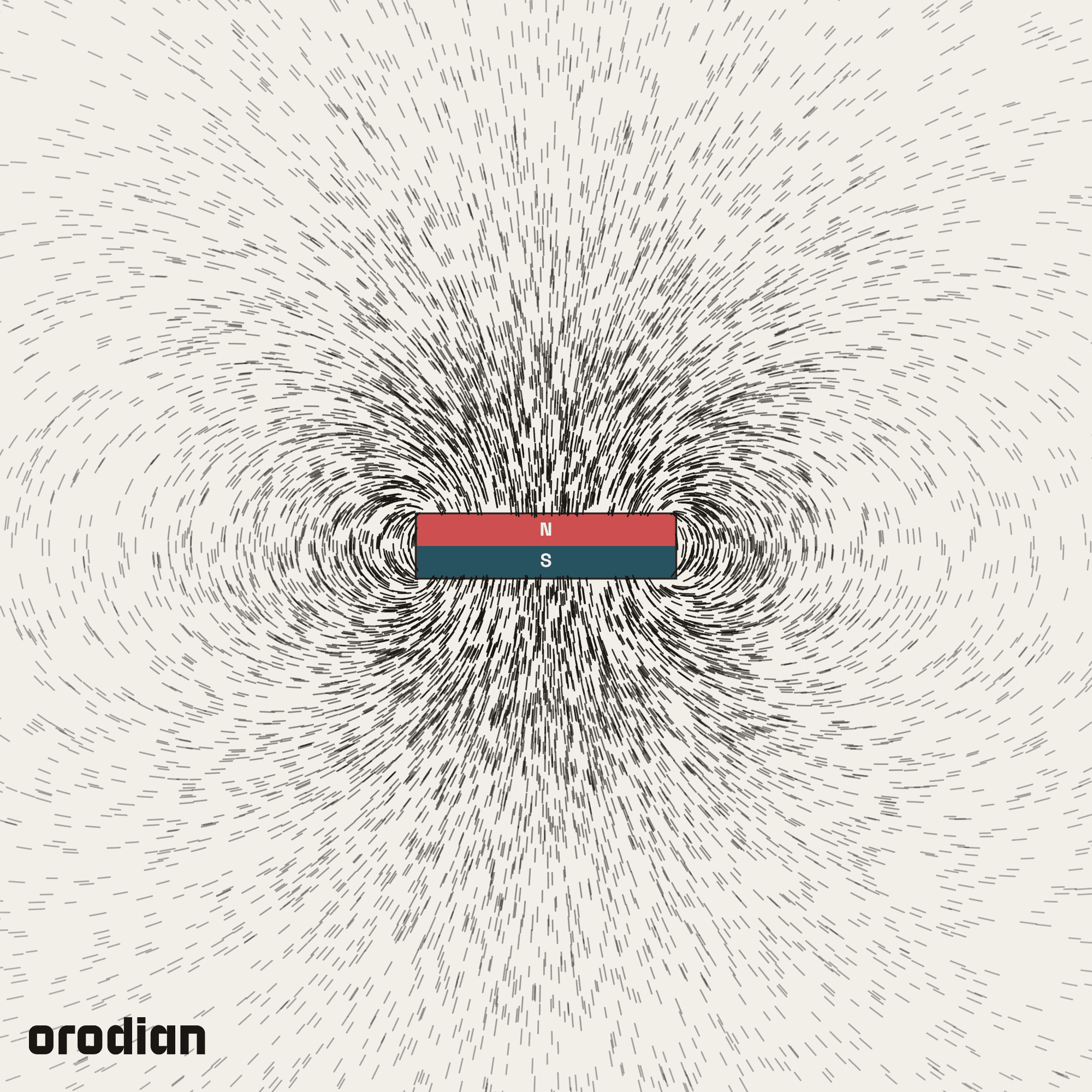 Magnetic field visualized with an
iron-filings pattern — neodymium disc magnet ⌀20×5 mm, grade N38 (simulation)