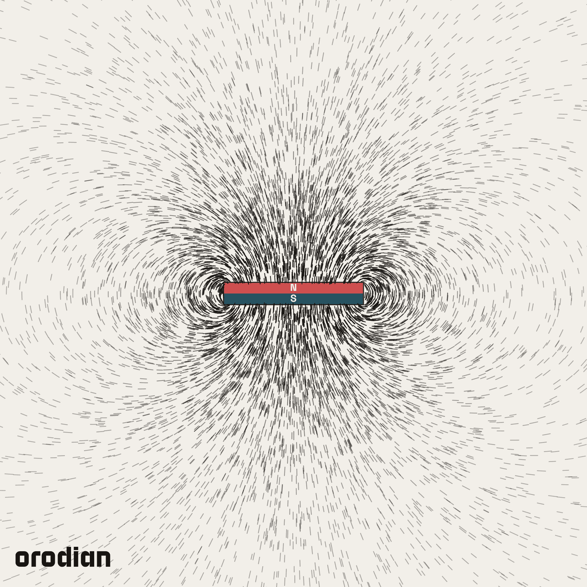 Magnetic field visualized with an
iron-filings pattern — neodymium disc magnet ⌀25×4 mm, grade N38 (simulation)