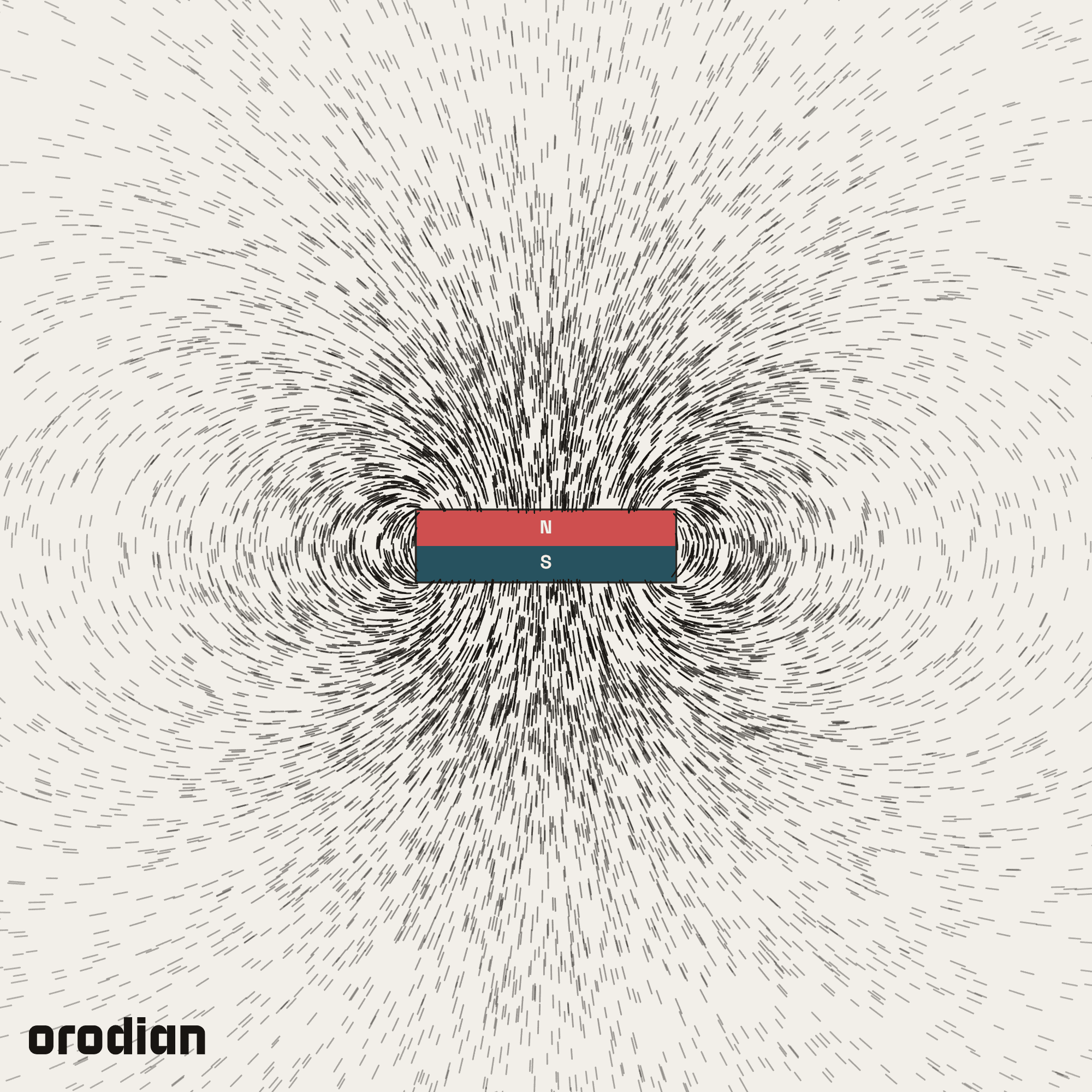 Magnetic field visualized with an
iron-filings pattern — neodymium disc magnet ⌀25×7 mm, grade N38 (simulation)