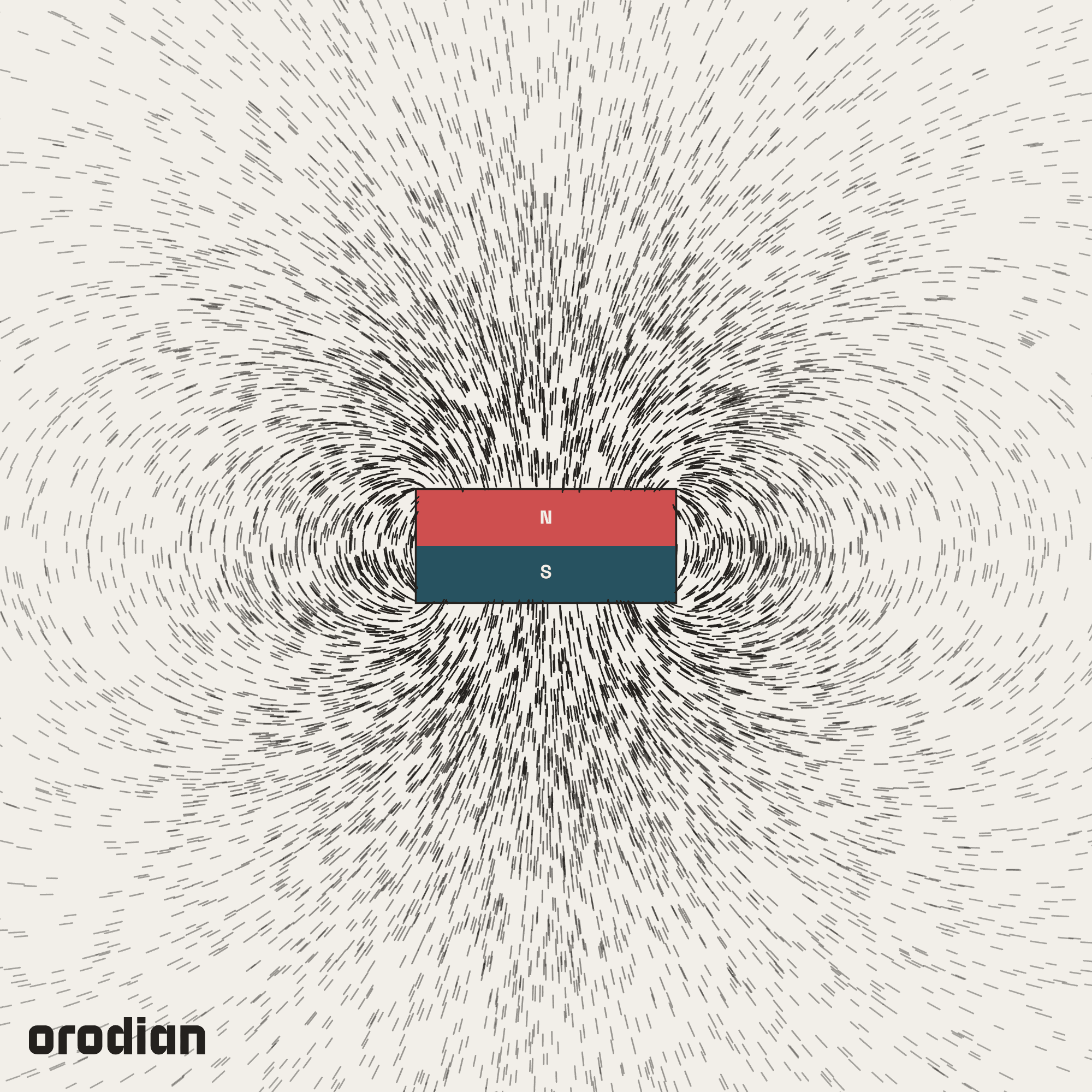 Magnetic field visualized with an
iron-filings pattern — neodymium disc magnet ⌀3.2×1.4 mm, grade N52
(simulation)