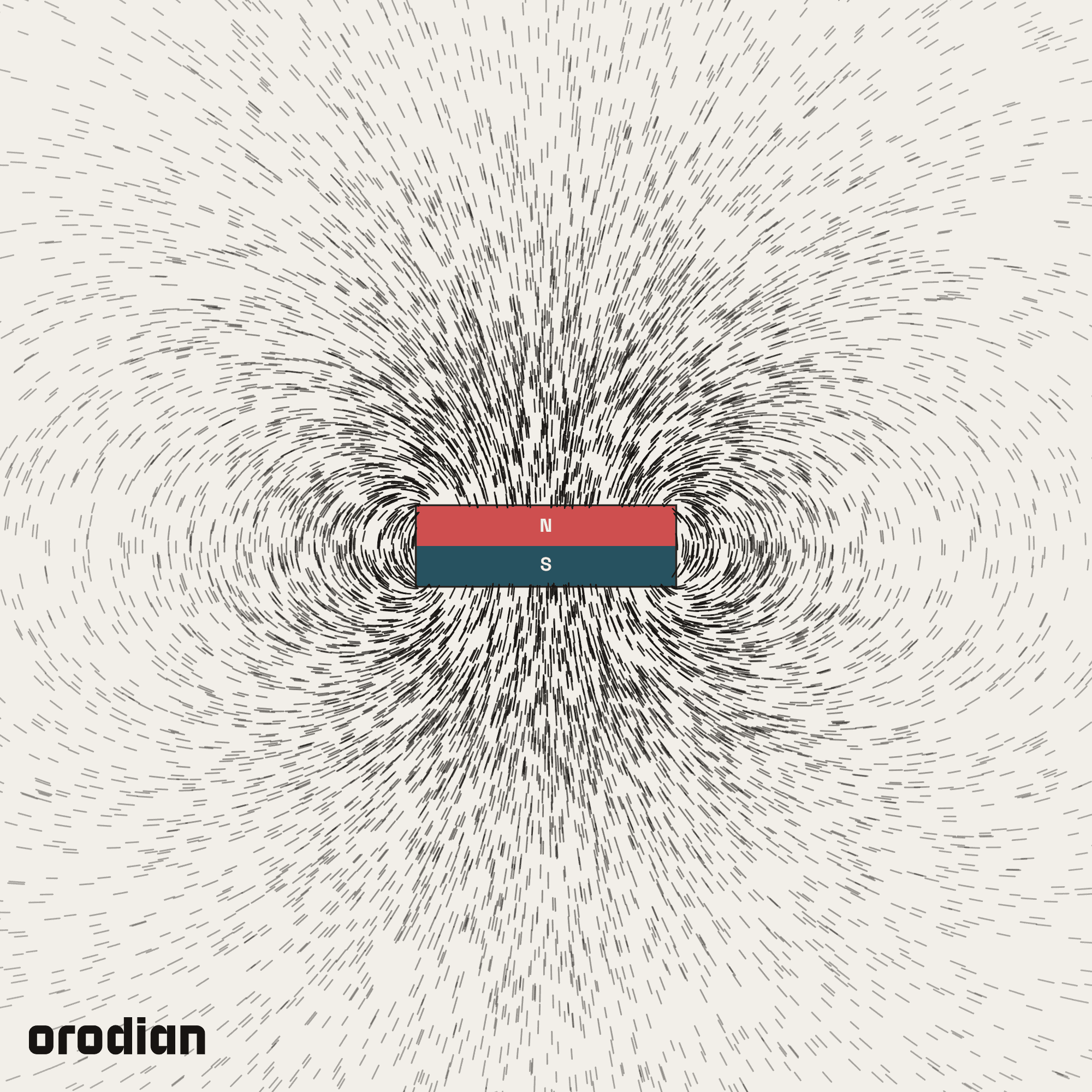 Magnetic field visualized with an
iron-filings pattern — neodymium disc magnet ⌀3.2×1 mm, grade N52
(simulation)