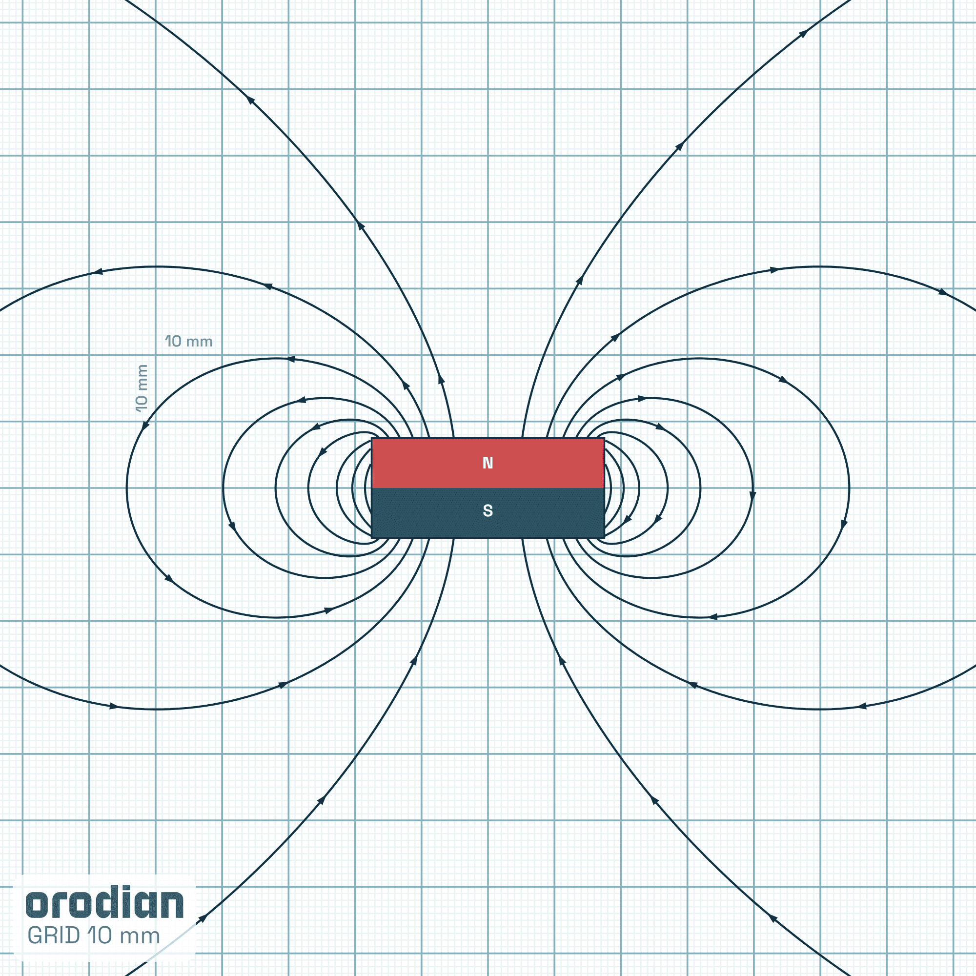 Magnetic field lines — neodymium disc
magnet ⌀35×15 mm, grade N52 (simulation)