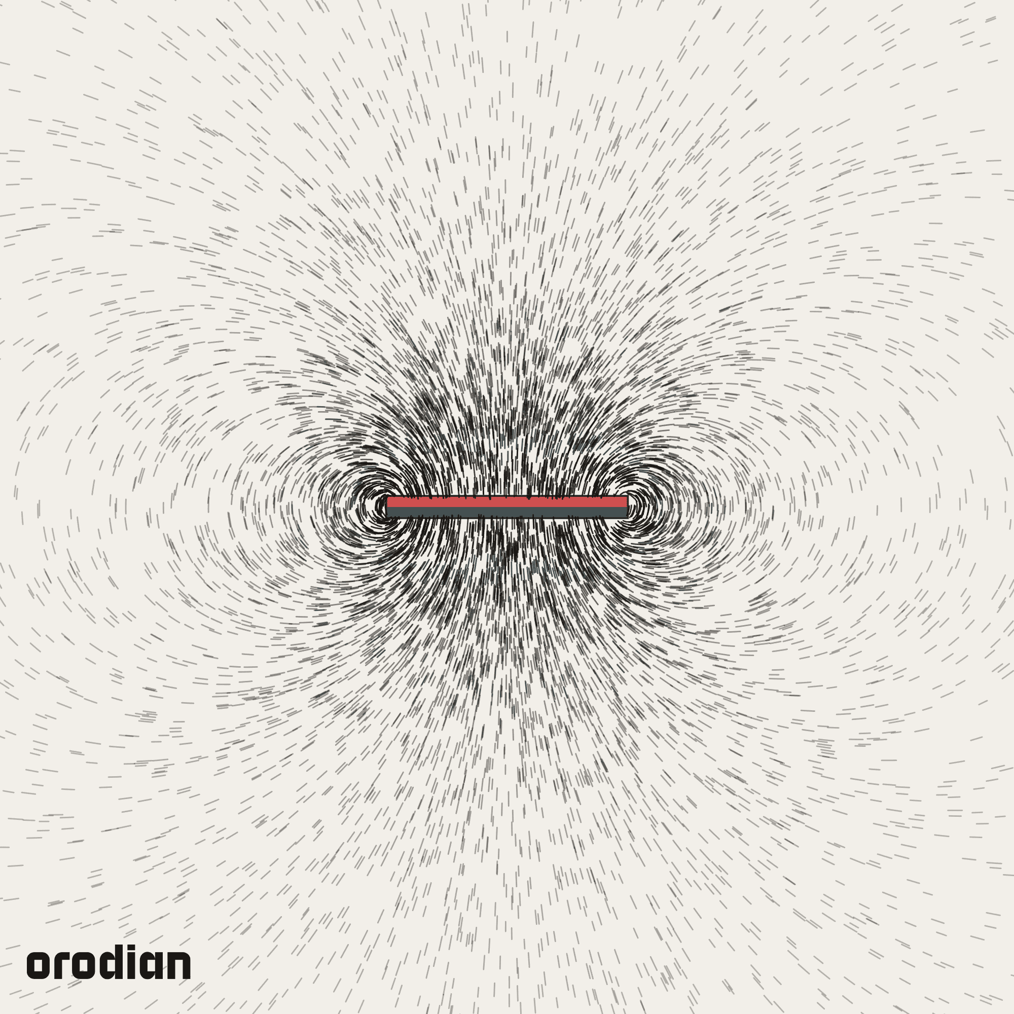 Magnetic field visualized with an
iron-filings pattern — neodymium disc magnet ⌀38×3.5 mm, grade N38
(simulation)