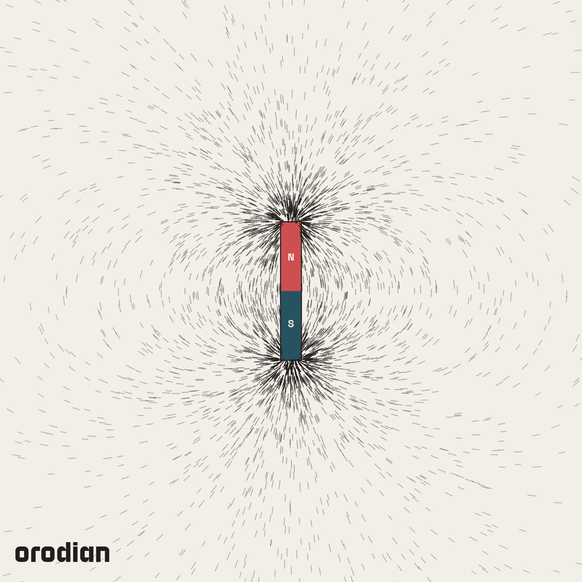 Magnetic field visualized with an
iron-filings pattern — neodymium disc (cylinder) magnet ⌀3×20 mm, grade N38
(simulation)