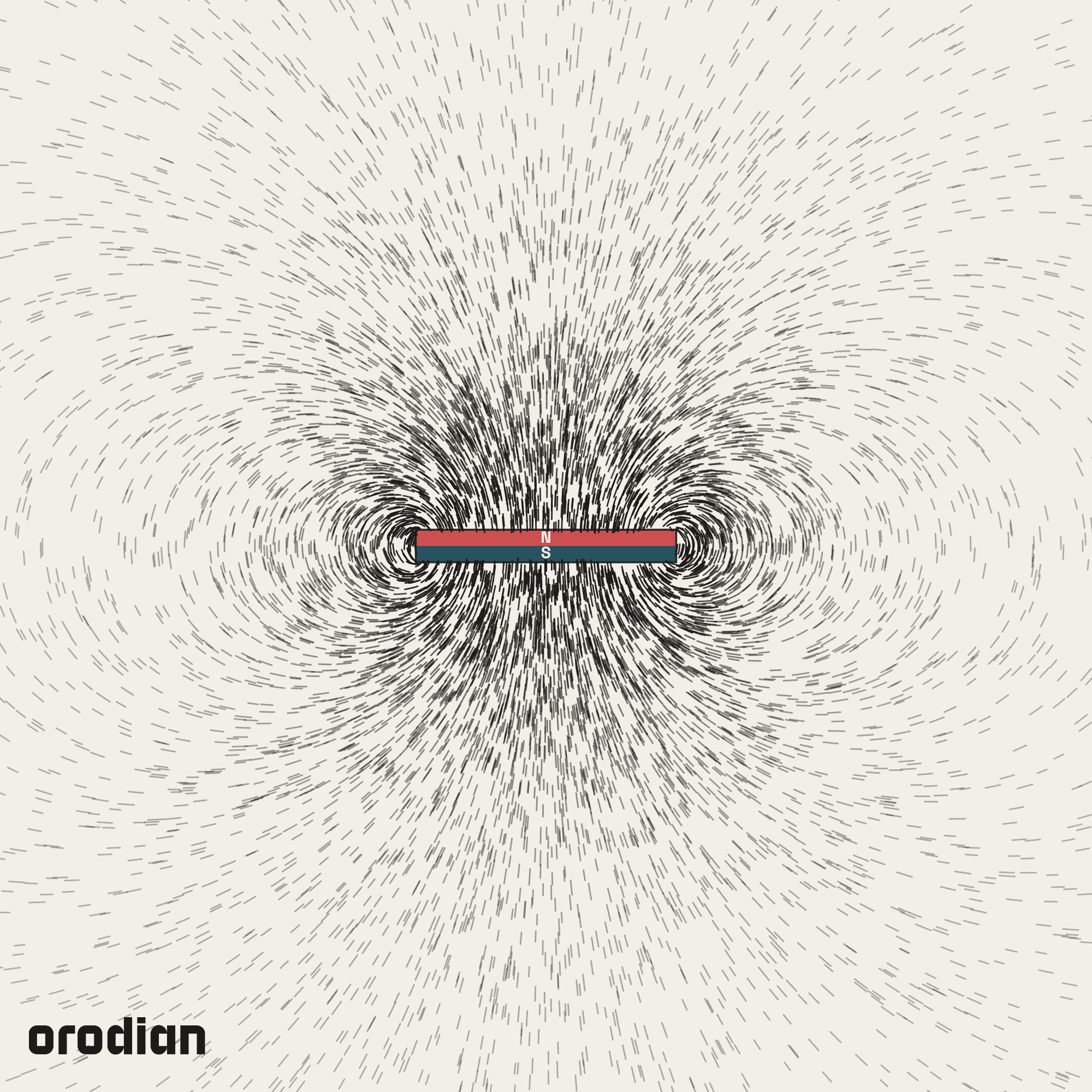 Magnetic field visualized with an
iron-filings pattern — neodymium disc magnet ⌀40×5 mm, grade N38 (simulation)