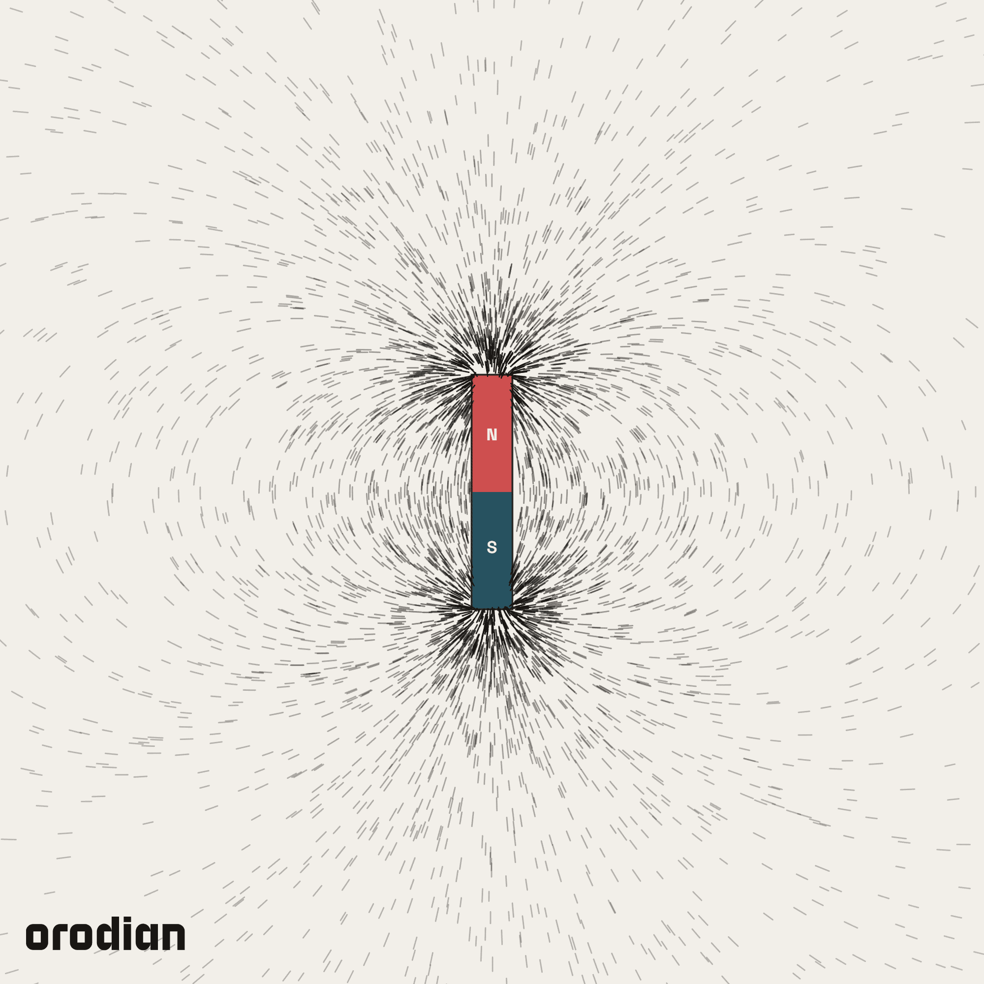 Magnetic field visualized with an
iron-filings pattern — neodymium disc (cylinder) magnet ⌀4×23 mm, grade N35
(simulation)