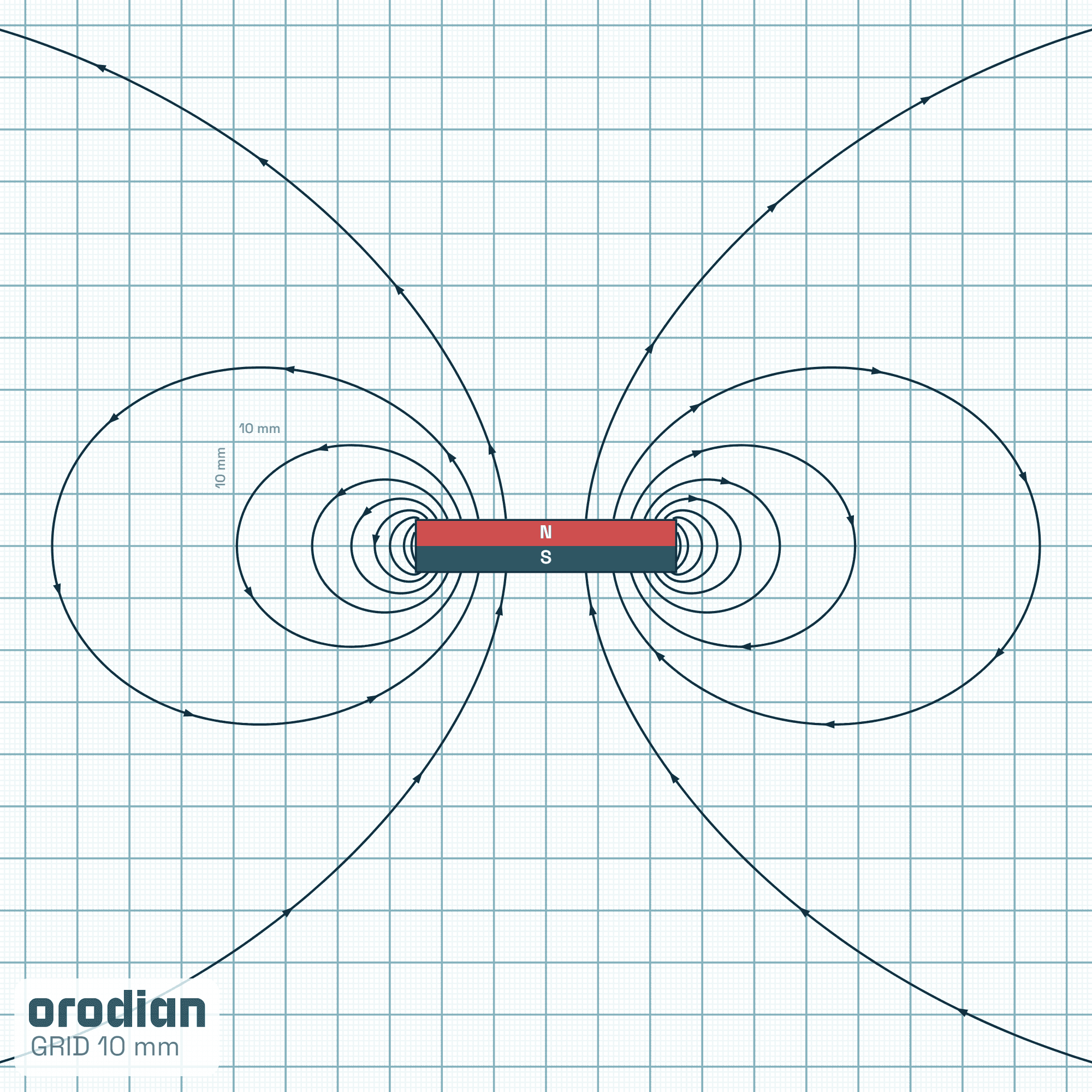Magnetic field lines — neodymium disc
magnet ⌀50×10 mm, grade N38 (simulation)