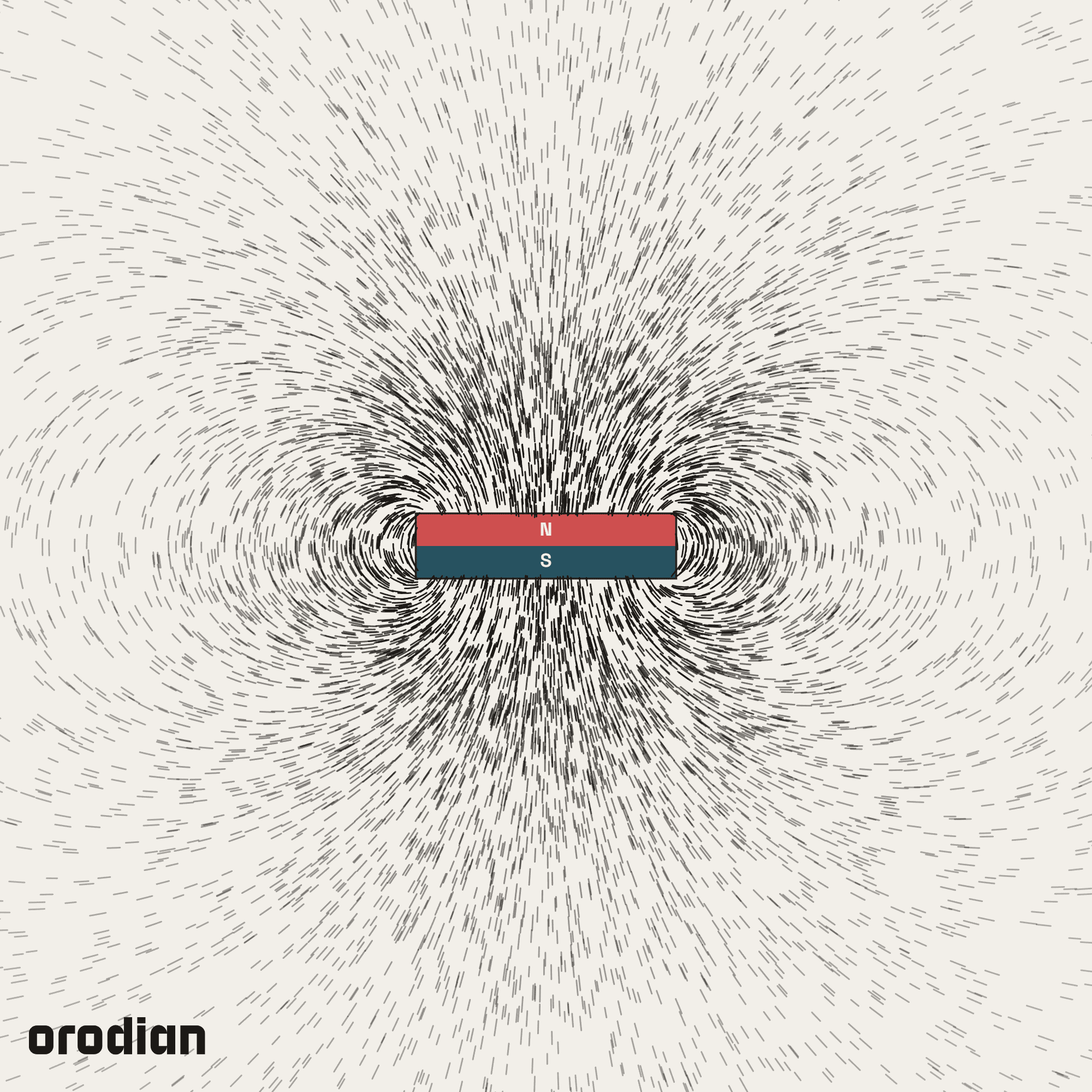 Magnetic field visualized with an
iron-filings pattern — neodymium disc magnet ⌀8×2 mm, grade N38 (simulation)