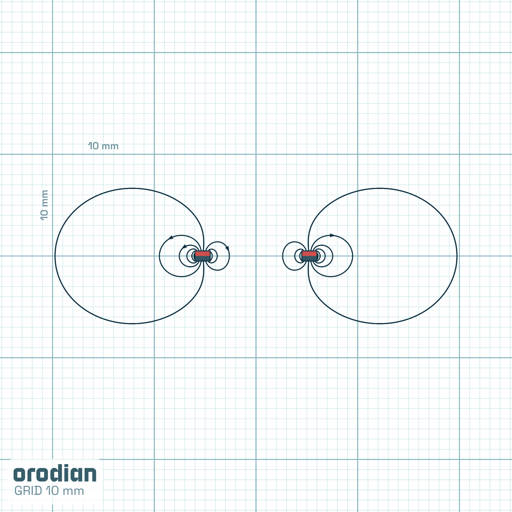 Magnetic field lines — neodymium ring
magnet ⌀12/⌀9×1 mm, grade N38 (simulation)