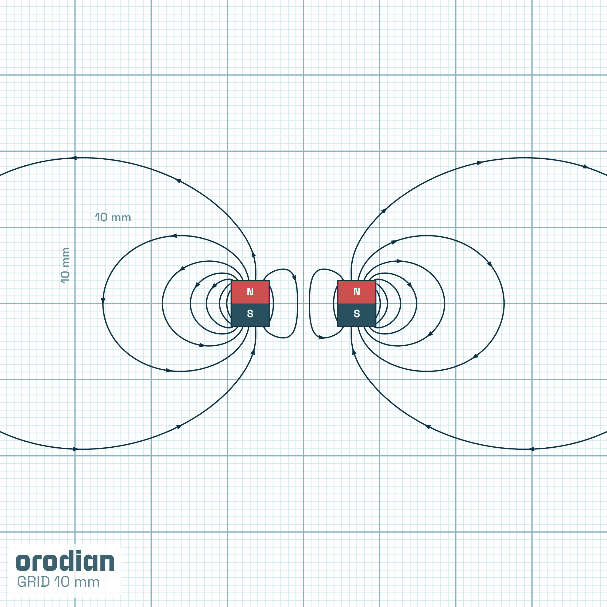 Magnetic field lines — neodymium ring
magnet ⌀19/⌀9×6 mm, grade N38 (simulation)
