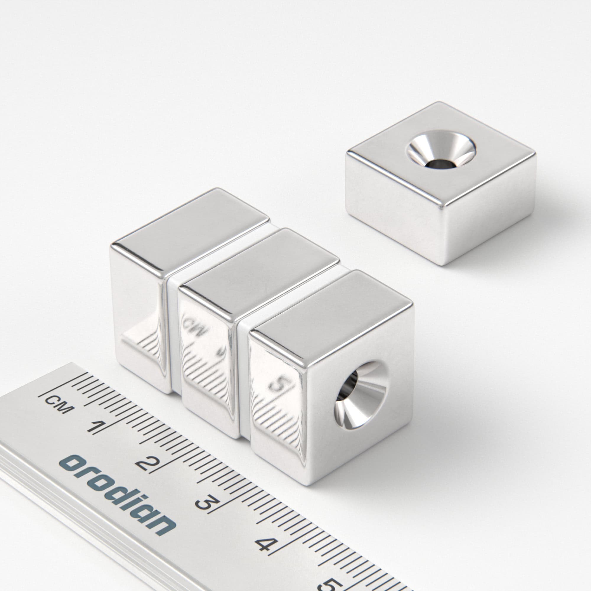 Neodymium magnet, block, 18×18×10 mm, with hole M4, double-sided - N52