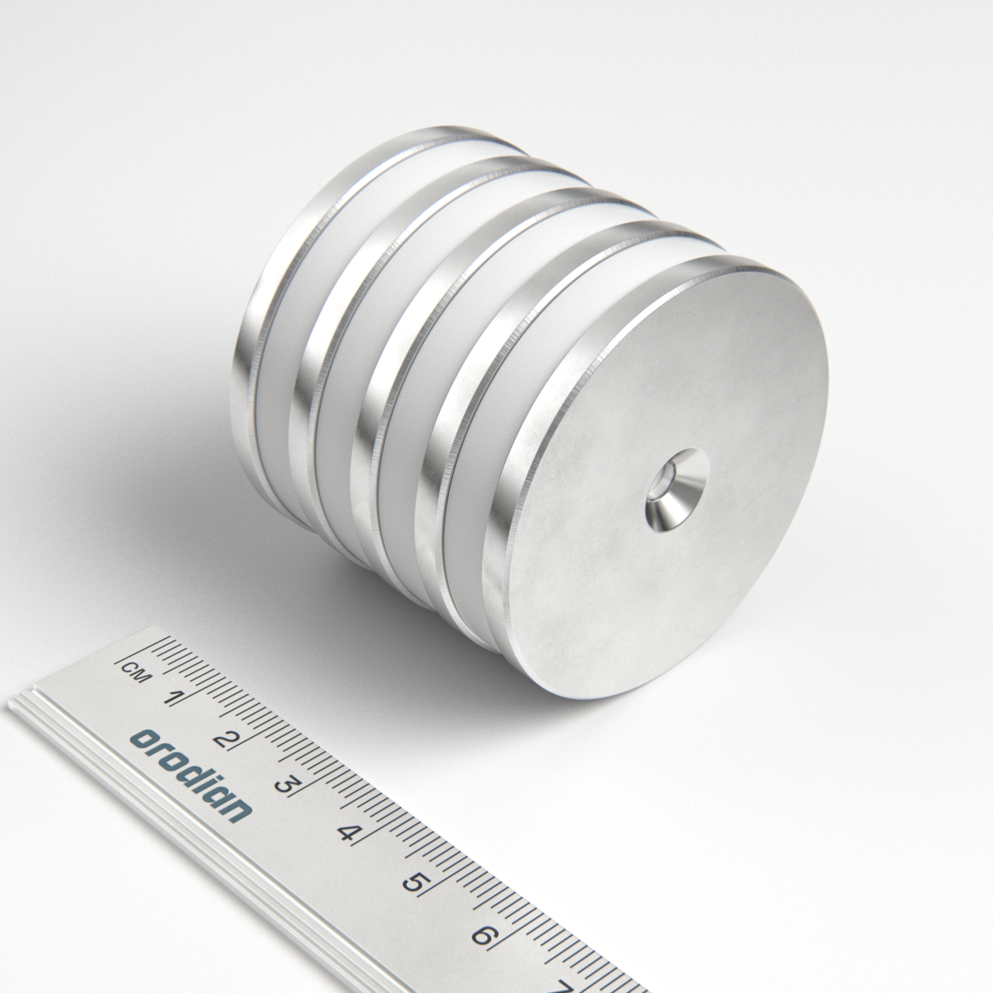 Neodymium magnet, disc, 50×4 mm, with hole M4 (north pole on the countersunk side) - N38